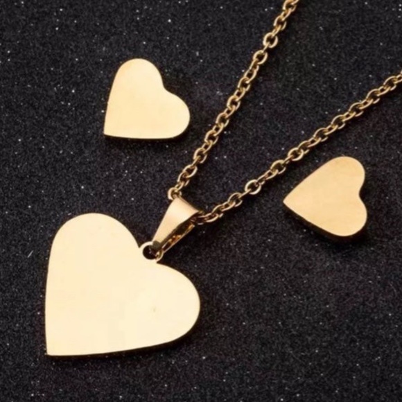 Stainless Steel Gold Heart Necklace and Stud Earrings Set and Hearts Bracelet - Picture 6 of 7